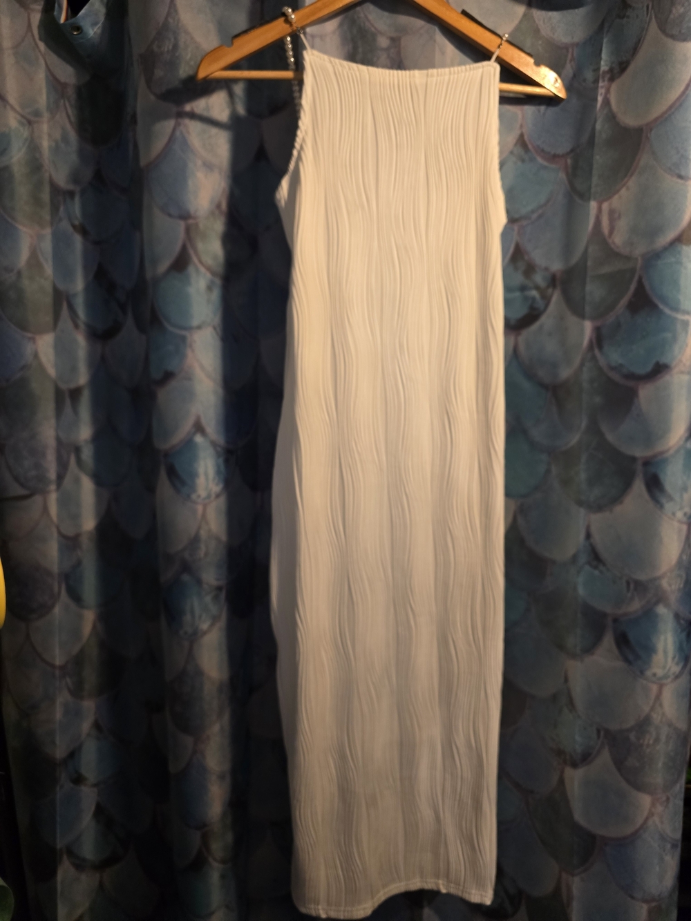 Elegant Cream Maxi Slip Dress with Textured Wave Design & Pearl Straps